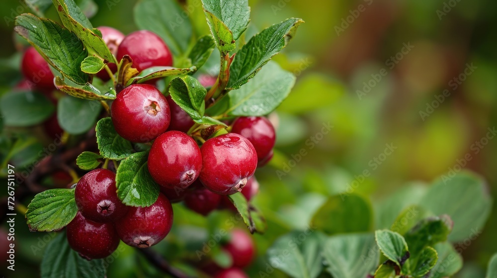  a close up of a bunch of red berries on a tree branch with green leaves and water droplets on it.
