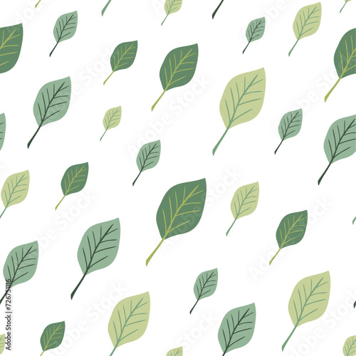 Diagonally arranged green leaves isolated on white backdrop vector seamless pattern. Creative art texture for printing on textile  wrapping  packages  apparel  homeware etc. or use in graphic design.