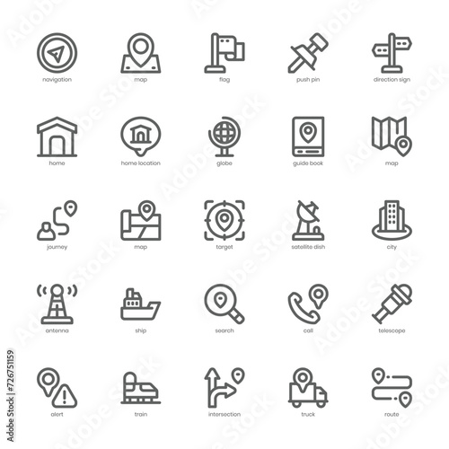 Navigation and Map icon pack for your website, mobile, presentation, and logo design. Navigation and Map icon outline design. Vector graphics illustration and editable stroke.