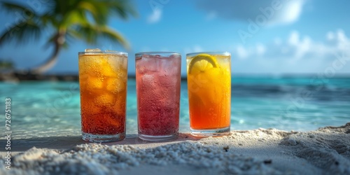 A vibrant display of refreshing drinks and tempting food, set against the backdrop of a tranquil beach with a clear blue sky, inviting you to indulge in the cool fluidity of a nonalcoholic beverage o photo