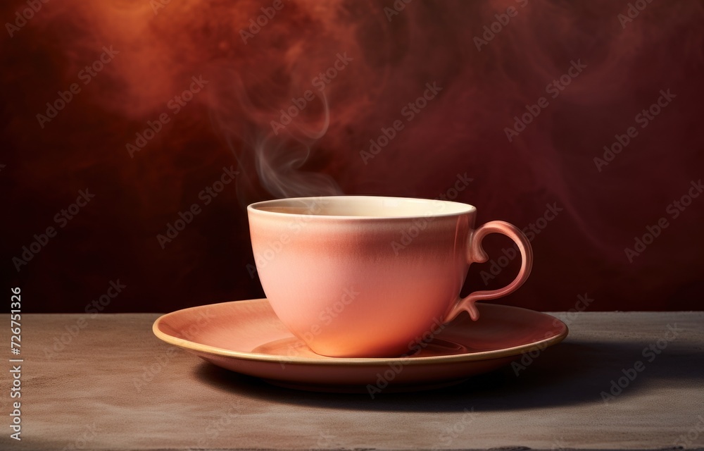 a steaming cup and saucer on a saucer with a saucer on a saucer on a table. a steaming cup and saucer on a saucer with a saucer on a saucer on a table.