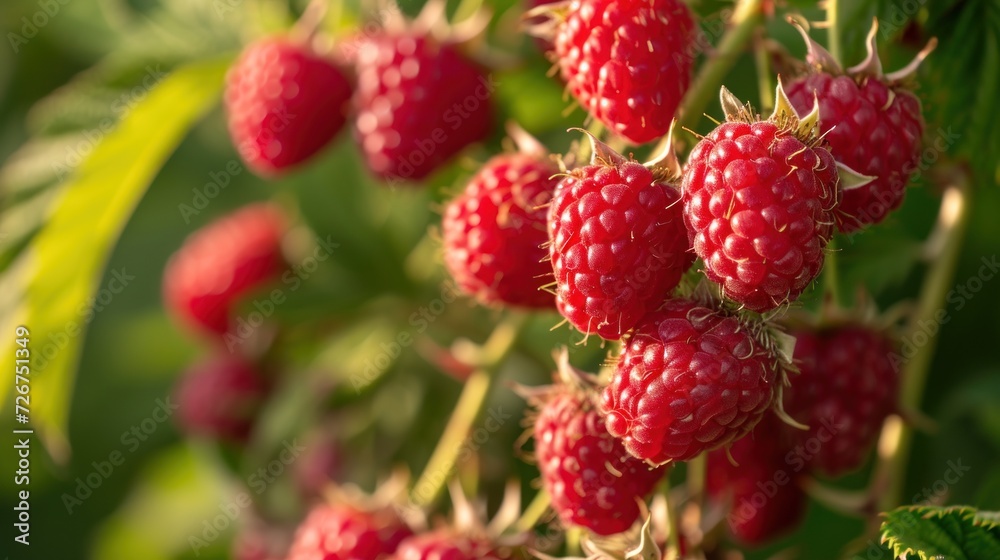 a bunch of ripe raspberries growing on a bush with green leaves on a sunny day in the sun. a bunch of ripe raspberries growing on a bush with green leaves on a sunny day in the sun.