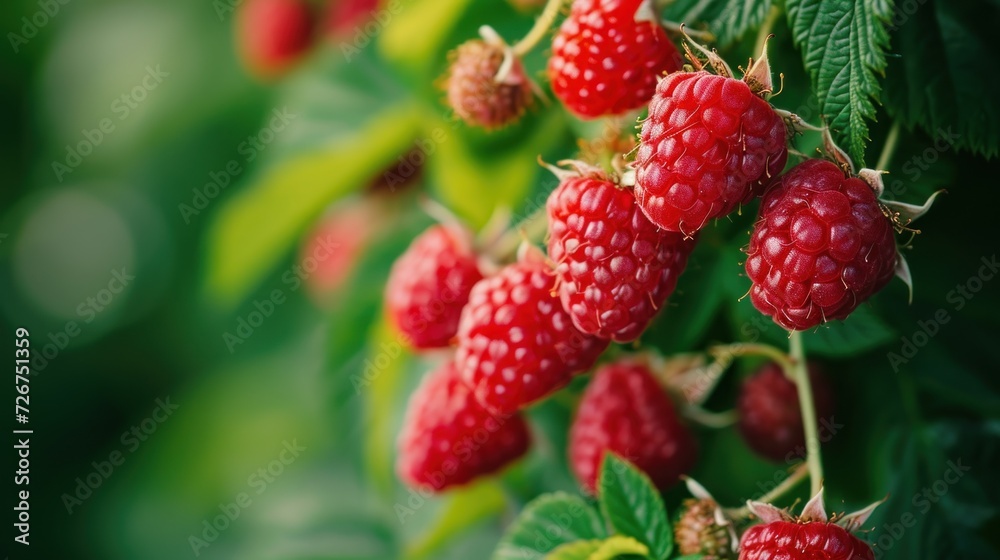a bunch of ripe raspberries growing on a bush with green leaves in the foreground and a blurry background. a bunch of ripe raspberries growing on a bush with green leaves in the foreground and a blurry background.