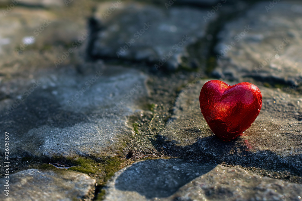 A red heart sits on a stone path. A red heart sits on a stone path.