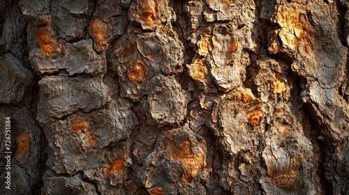  a close up of the bark of a tree that has a lot of brown and yellow lichens on it. © Anna