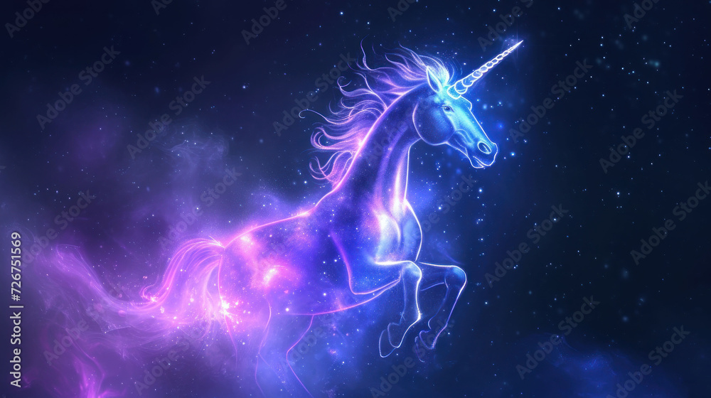 a unicorn with a long mane standing in the middle of a night sky with stars and a star filled sky behind it. a unicorn with a long mane standing in the middle of a night sky with stars and a star filled sky behind it.