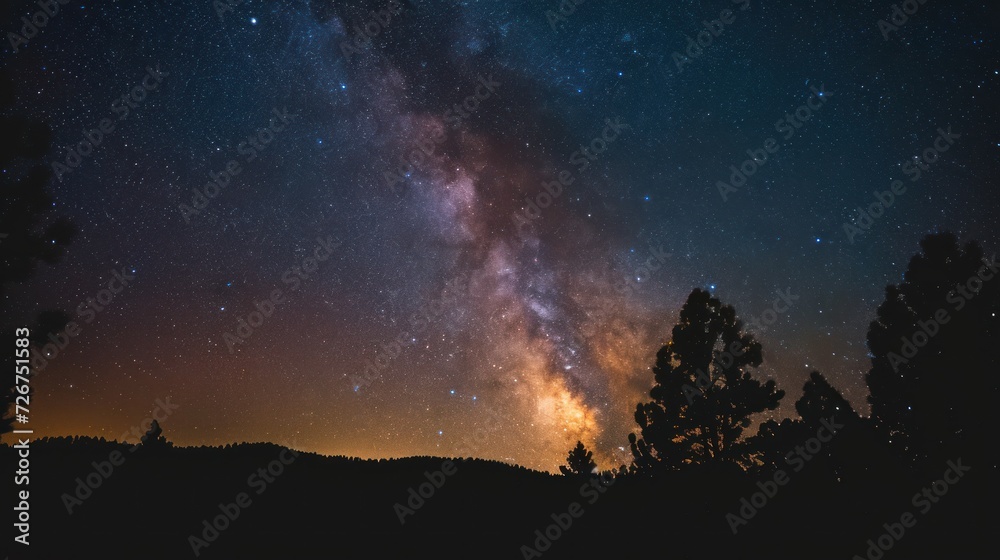  the night sky is filled with stars and the milky shines brightly above the trees in the foreground of the image.