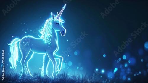  a drawing of a unicorn standing in a field of grass with a blue light shining on it s face.