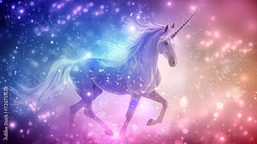  a unicorn standing on its hind legs in front of a blue and pink background with stars and snow flakes.