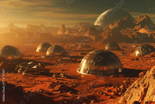 Futuristic Martian spaceport with advanced spacecraft and rocky terrain. Resplendent.