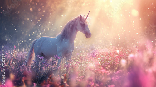  a white unicorn standing in the middle of a field of purple flowers with a light shining on it s head.