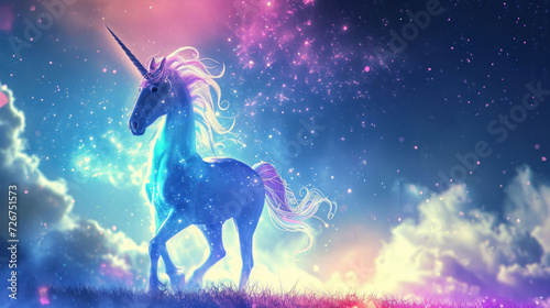  a unicorn standing on top of a lush green field under a sky filled with pink and blue stars and clouds.