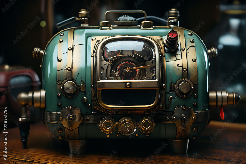 Fototapeta premium retro mechanical camera or hybrid measuring device, close-up of an object, steampunk-style concept