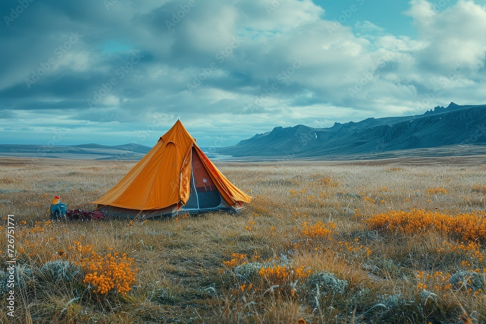 A lone tent sits atop a bed of vibrant flowers, its tarpaulin sheltering against the endless sky and lush landscape, a peaceful retreat in the midst of nature's summer embrace A lone tent sits atop a bed of vibrant flowers, its tarpaulin sheltering against the endless sky and lush landscape, a peaceful retreat in the midst of nature's summer embrace