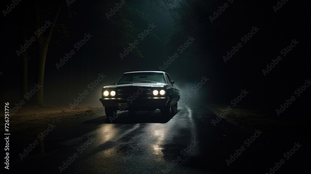 Blinding Headlights: Ominous Car Parked in Middle of Road at Night ...