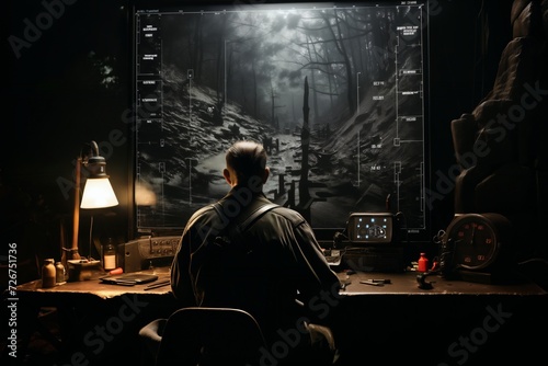 A military man watches the monitor screens of a video surveillance system in a secret base in the forest, a dark atmosphere
