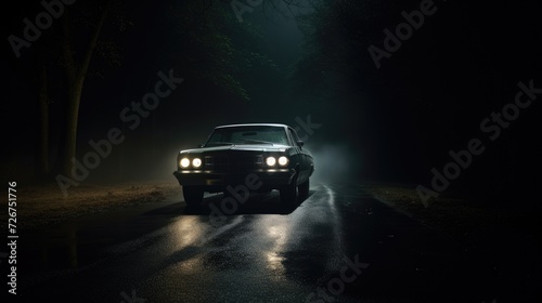 Blinding Headlights: Ominous Car Parked in Middle of Road at Night, Illuminated Headlights Create © Web
