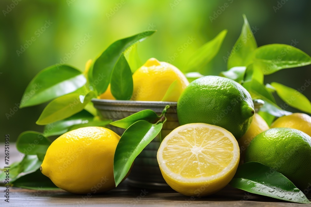 Juicy Lemons and Limes with Green Leafs. Delicious, Refreshing Citrus Fruit on Grey Wood Table