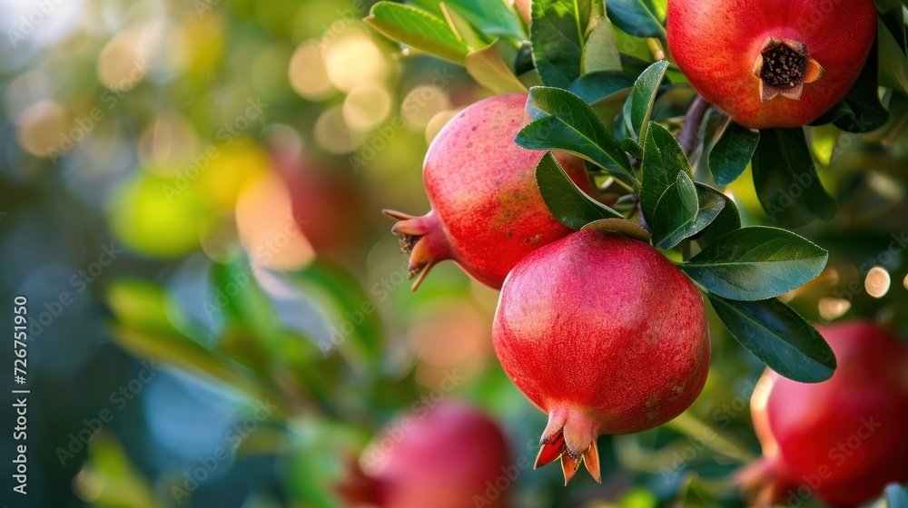 a bunch of ripe pomegranates growing on a tree in a sunny day with a blurry background. a bunch of ripe pomegranates growing on a tree in a sunny day with a blurry background.