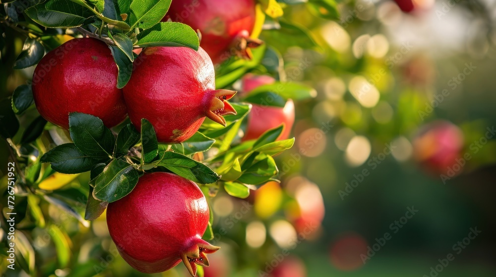a bunch of ripe pomegranates hanging from a tree with green leaves and a blurry background. a bunch of ripe pomegranates hanging from a tree with green leaves and a blurry background.