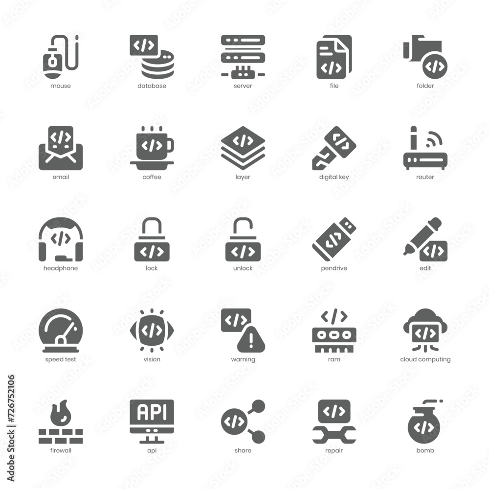 Programming and Coding icon pack for your website, mobile, presentation, and logo design. Programming and Coding icon glyph design. Vector graphics illustration and editable stroke.
