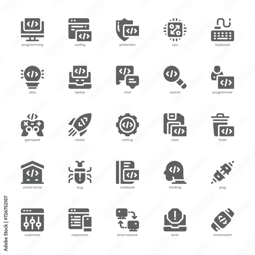 Programming and Coding icon pack for your website, mobile, presentation, and logo design. Programming and Coding icon glyph design. Vector graphics illustration and editable stroke. Programming and Coding icon pack for your website, mobile, presentation, and logo design. Programming and Coding icon glyph design. Vector graphics illustration and editable stroke.