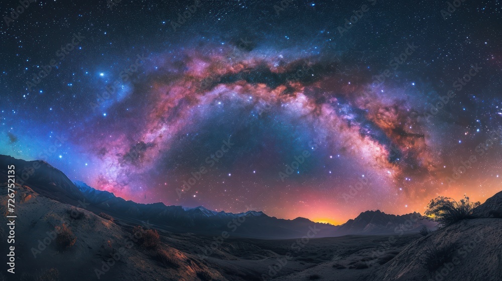  a view of the night sky with stars and a colorful galaxy in the middle of the sky with mountains in the background.