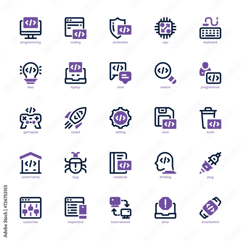 Programming and Coding icon pack for your website, mobile, presentation, and logo design. Programming and Coding icon dual tone design. Vector graphics illustration and editable stroke.