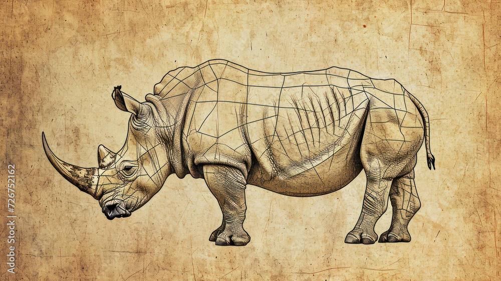 Fototapeta premium a drawing of a rhinoceros is shown on a piece of paper with a drawing of a rhinoceros on it.
