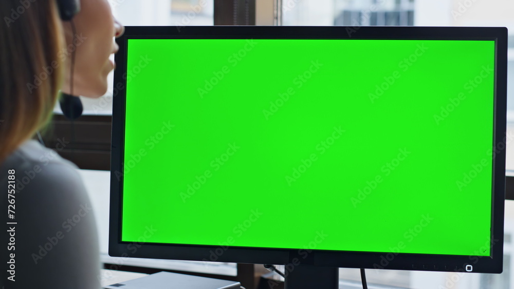 Office worker green screen computer closeup. Busy service manager talking client Office worker green screen computer closeup. Busy service manager talking client