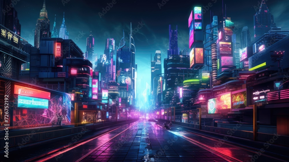 Obraz premium A cyberpunk-inspired cityscape at night, illuminated by neon signs and lights, with futuristic cars traversing the vividly colored streets. Resplendent.