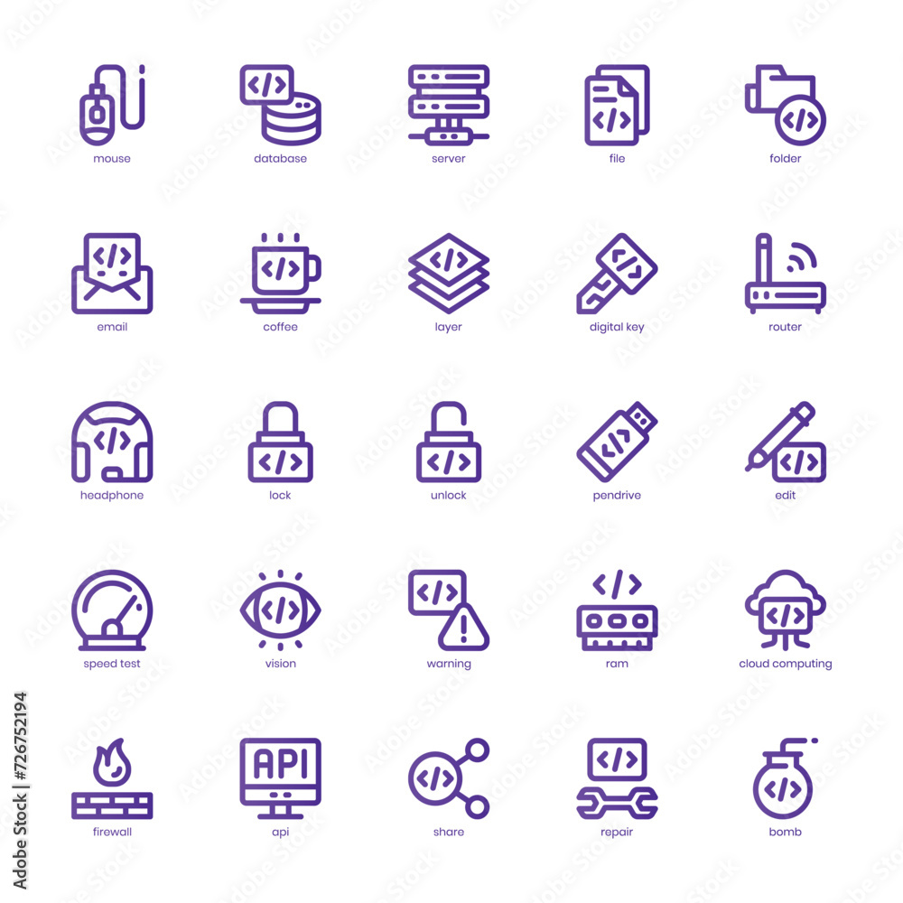 Programming and Coding icon pack for your website, mobile, presentation, and logo design. Programming and Coding icon basic line gradient design. Vector graphics illustration and editable stroke.