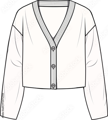 Women's Cropped Cardigan. Technical fashion illustration. Front, white color. Women's CAD mock-up.