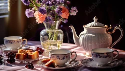  a table topped with cups and saucers next to a vase filled with flowers and a cake on top of a plate.