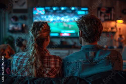 A couple clad in casual clothing gazes intently at the screen, their faces mirroring the emotions of the bustling street scene playing out before them