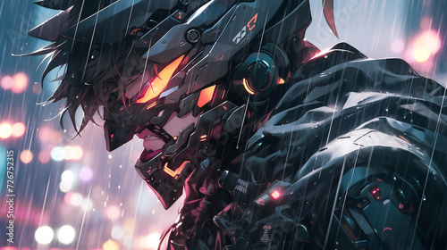 Menacing cyberpunk anime character, fierce warrior in a gritty urban cyberpunk setting with heavy rain.