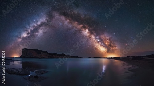  the milky shines brightly in the night sky above a body of water with a rock outcropping in the foreground. © Anna