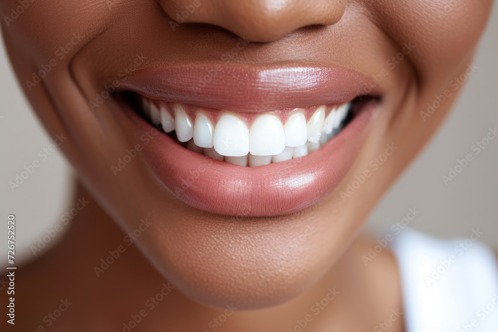 African woman face with wide grin perfect clean teeth. Healthy smile. Generative AI African woman face with wide grin perfect clean teeth. Healthy smile. Generative AI