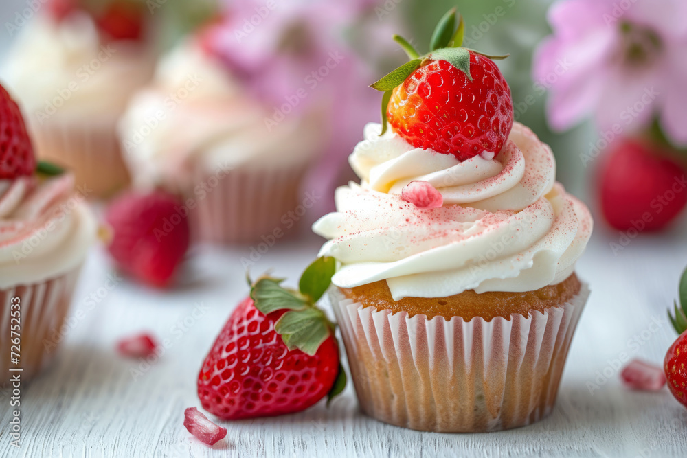 Strawberry cupcakes with cream cheese frosting. Generative AI