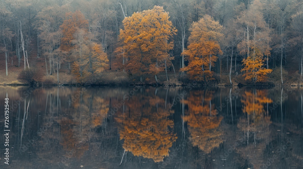  a body of water surrounded by trees with yellow and orange leaves on the top of the trees and bottom of the water.
