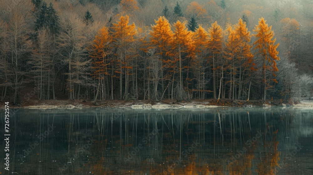  a body of water surrounded by trees with orange leaves on the top of the trees and bottom of the water with snow on the bottom of the trees and bottom of the water.