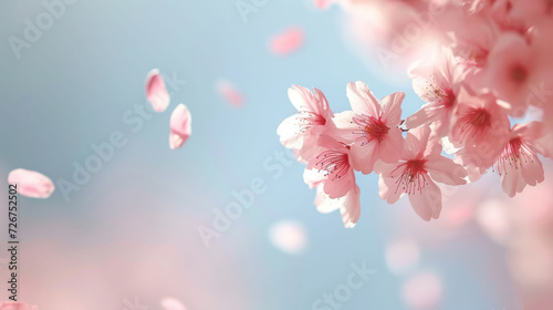  pink flowers are floating in the air on a blue and pink background with a blurry sky in the background. © Anna