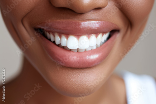 African woman face with wide grin perfect clean teeth. Healthy smile. Generative AI