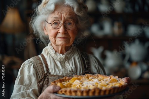 An elderly lady, her face etched with wisdom and a kind smile, sits indoors holding a freshly baked pie - a comforting reminder of home and the simple joys of life