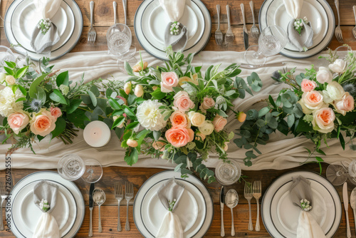 Table settings with floral arrangement. Special event table set up. Fresh flower decoration. Generative AI