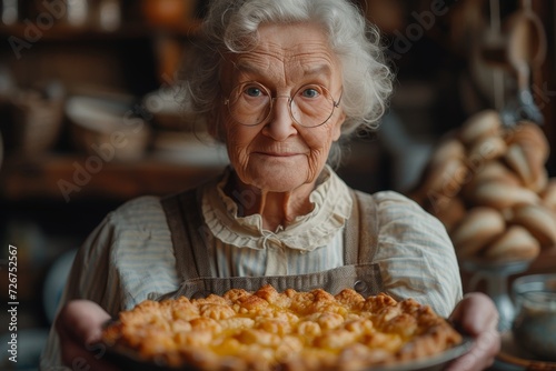 An elderly woman with a warm smile holds a freshly baked pie, embodying the nostalgia and comfort of homemade fast food in the coziness of her indoor kitchen