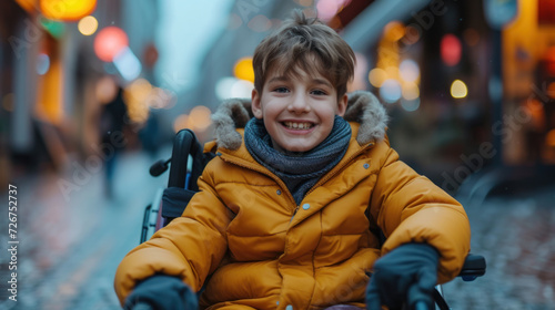 10 years old kid smiling bright in the camera sitting in a hypermodern wheelchair