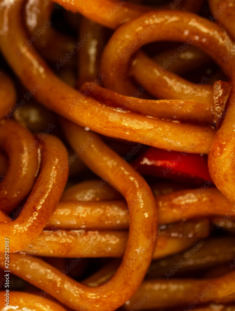 Udon stir-fry noodles with chicken and vegetables, close up. Udon stir-fry noodles with chicken and vegetables, close up.