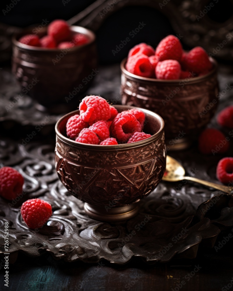  a bowl filled with raspberries sitting on top of a table next to a bowl of raspberries.