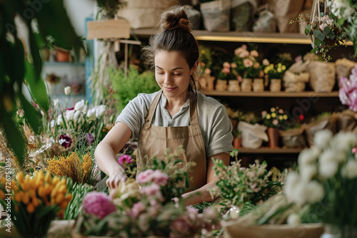 The joyful owner of a small flower shop, a woman florist, tends to her vibrant floral arrangements with a smile. Her passion is reflected in her blossoming business.